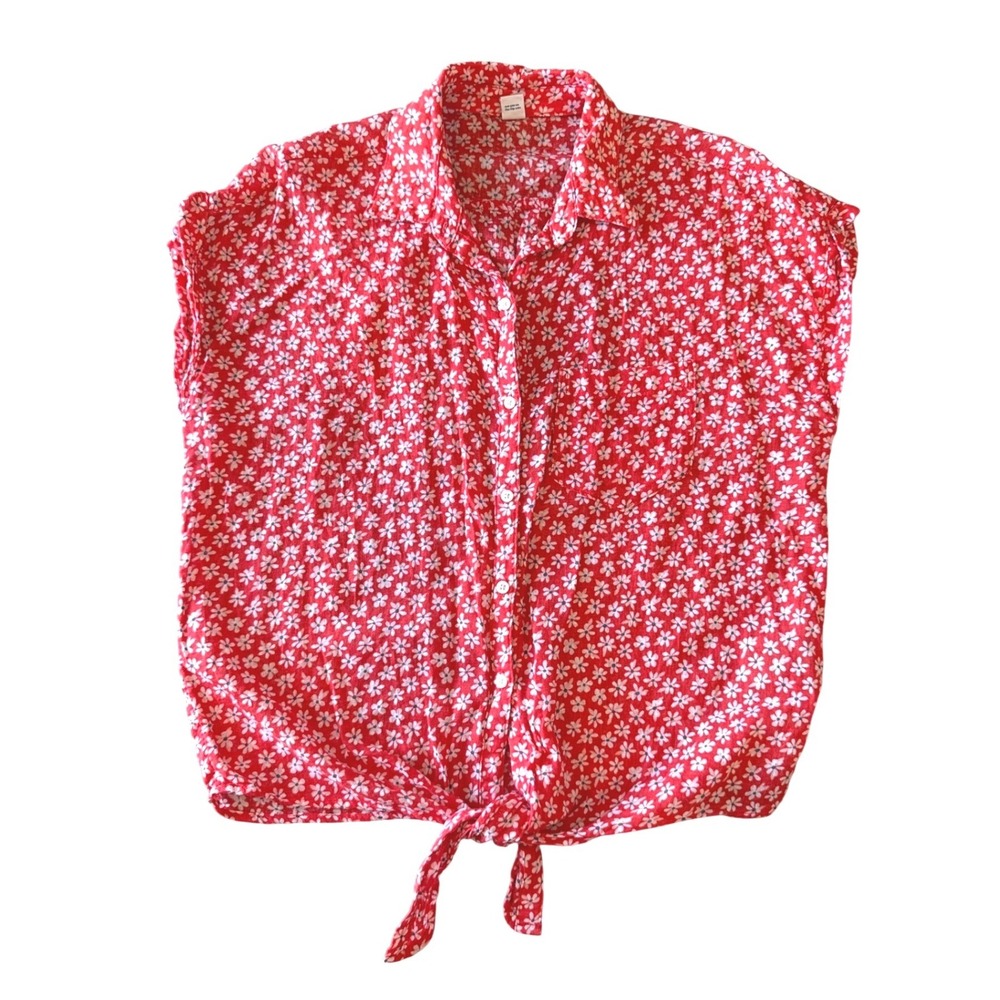 Old Navy Cap Sleeve Ditsy Floral Print Top Tie Waist Sz M Red White Linen Pin Up